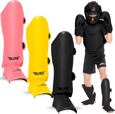 Muay Thai MMA Kickboxing Boys and Girls Shin Guards for Age 4 to 14 Years, Instep Guard Sparring Protective Leg Shin
