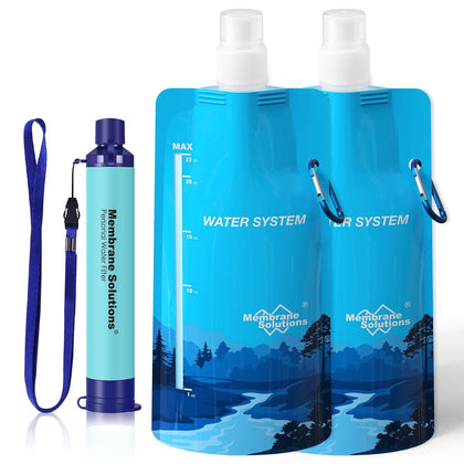 Squeezable Water Pouches with Water Filter Straw(1+2) | Survival Water Purifier Kit, Portable Water Purifier for