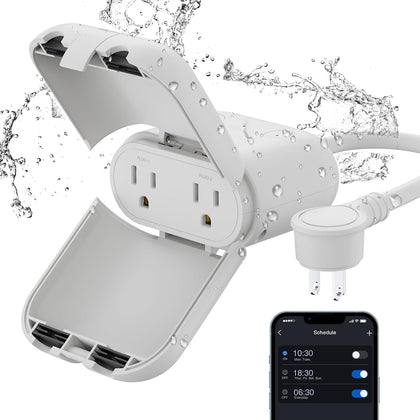 PQR20 Outdoor Smart Plug Waterproof IP66, WiFi Plug with 2 Individually Sockets, Compatible with Alexa & Google