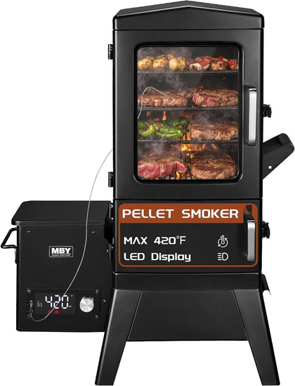 Electric Pellet Smoker with Rainproof Cover, Vertical Wood Pellet Smokers Grill With Hook Meat Probe LED Display