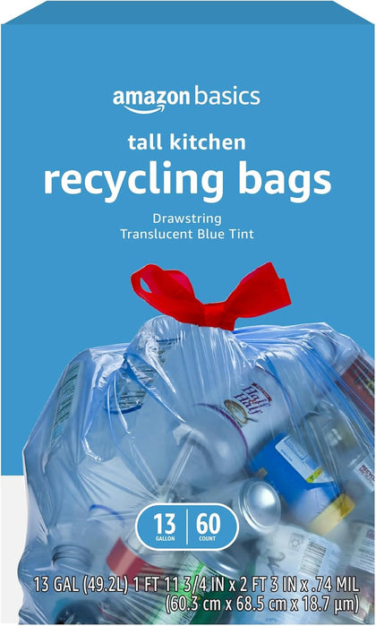 Blue Recycling Drawstring Trash Bags, Tall Kitchen, Unscented, 13 Gallon, 60 Count