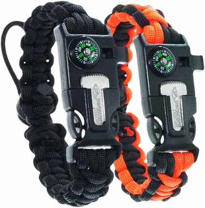 Tactical Paracord Bracelet (2 Pack) – Includes: Fire Starter, Loud Whistle, Emergency, and Compass – Adaptable Size –