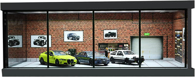 1/64 Diorama Garage Model LED Lighting Showroom Parking Lot Display Case | 5 Parking Space, Acrylic Dust Door, Red