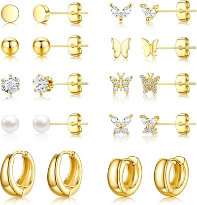 Small Gold Stud Earrings Set for Women - 14K Gold Plated CZ Huggie Hoops Hypoallergenic Earrings Dainty Flower Heart