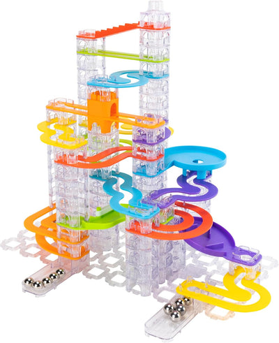 Fat Brain Toys Trestle Tracks Deluxe Marble Run Set, 124-Piece Modular Marble Track, Toys for Kids, Marble Set, Girl