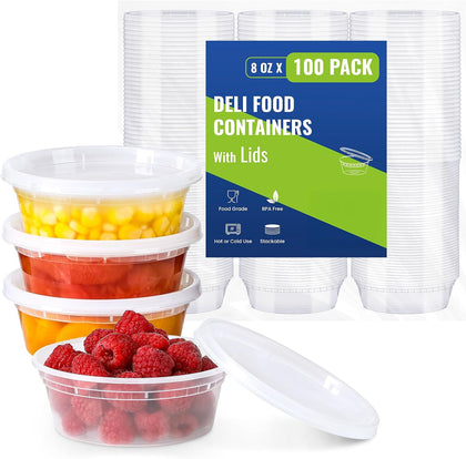 100 Sets 8 oz Plastic Deli Containers With Lids, Airtight Food Storage Containers, Freezer/Dishwasher/Microwave Safe