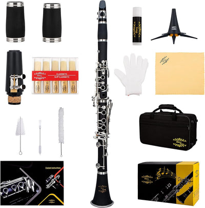 GLY-PBK Professional Ebonite Bb Clarinet with 10 Reeds, Stand, Hard Case, Cleaning Cloth, Cork grease, Mouthpiece