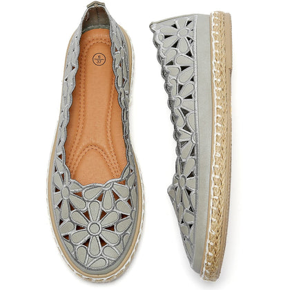 Women's PU Leather Ballet Flats Espadrille Loafers, Grey, 12
