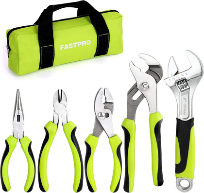 5-Piece Utility Pliers Set with Storage Bag, Includes Groove Joint, Diagonal, Long Nose, Slip Joint Pliers and 8"