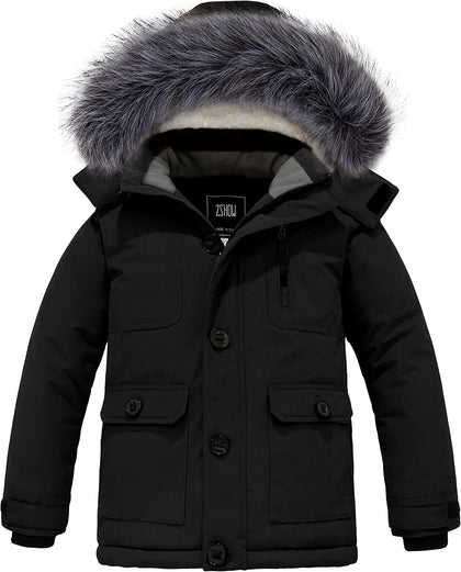 Boys' Hooded Winter Coat Warm Waterproof Puffer Jacket Thick Parka | Removable Faux Fur Hood, Fleece Lined, 5000mm