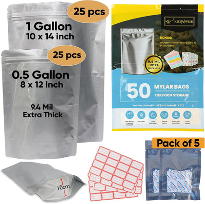 50 Mylar Bags for Food Storage - 0.5 and 1 Gallon Mylar Bags with Oxygen Absorbers 400cc - 9.4 Mil Extra Thick