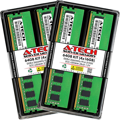A-Tech Server 64GB Kit (4x16GB) DDR4 2666MHz PC4-21300 ECC UDIMM 2Rx8 Dual Rank 1.2V ECC Unbuffered DIMM 288-Pin Server & Workstation RAM Memory Upgrade Modules (A-Tech Enterprise Series)