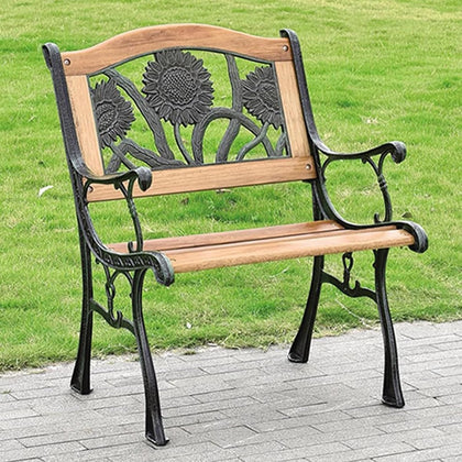 Outdoor Garden Bench, Weatherproof Park Bench, 1-Person Patio Bench with Backrest, Wood & Cast Iron
