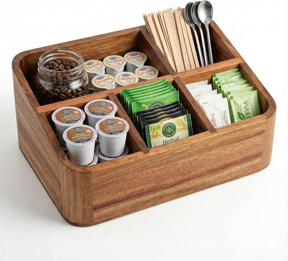 Acacia Wood Coffee Station Organizer for Countertop, Tea Organizer and Holder, Coffee Bar Caddy with Multiple
