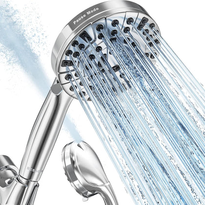 9 Functions High Pressure Shower Head with Handheld,Built-in Pause Mode&Power Wash,Non-Clogging Nozzles,6ft Hose&Bracket