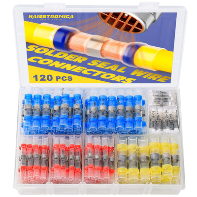 120PCS Solder Seal Wire Connectors Kit, 4 Colors/4 Sizes | 26-10 AWG, Wire Gauge Markings, Clear Sleeves, Hot-Melt