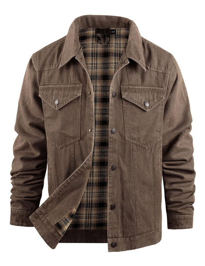 Mens Flannel Lined Denim Jacket Snap Cowboy Cut Western Classic Slim Fit Vintage Heavy Duty Jacket Trucker Coat(Brown-M)