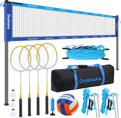 32FT Volleyball Badminton Combo Net Set System, 4 Heights Adjustbale | with 1.25" Poles, Anti-Sagging Net, 4