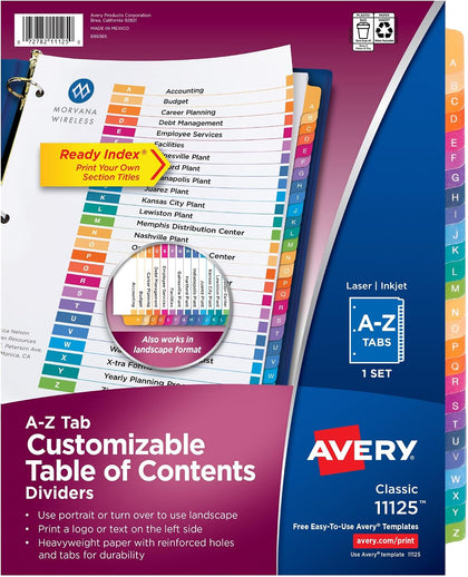 A-Z Dividers for 3 Ring Binders, 26 Tabs per Set, Customizable Table of Contents, Multicolor Tabs, Great for