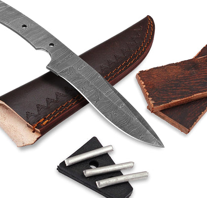 10" Damascus Steel Knife Making Kit – DIY Handmade Blank Blade, Dark Wood Handle Scales, Metal Pins & Leather Sheath