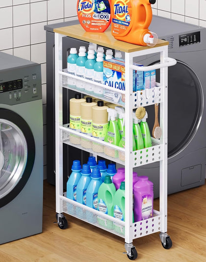 Utility Slim Rolling Cart with Table Top, Narrow Laundry Room Organization and Storage Shelves for Between Washer and