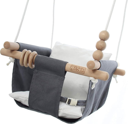 Baby Swing, Grey White Indoor Outdoor Portable Hanging Chair - Infant & Toddler Kids 6 Months - 4 Years, Cotton