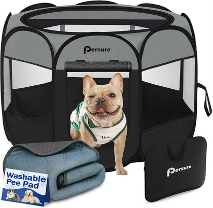 Cat Dog Playpen Tent Crate Cage with Pee Pad, Dark Grey Small