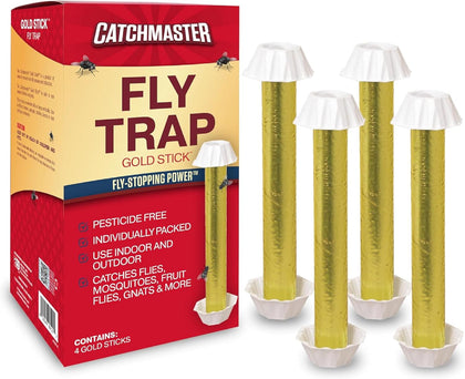 Gold Stick 4-Pack, Sticky Hanging Fly Traps Indoor & Outdoor | Includes a food-based lure to draw flies; reflective