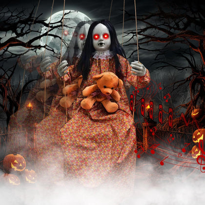 Scary Halloween Decorations Outdoor Hanging Swinging Doll Girl | Sound & Slap Activated, Light Up Eyes Creepy Sound