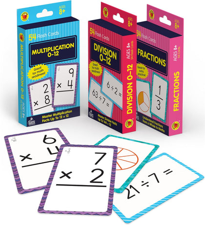 Carson Dellosa 3-Pack Math Flash Cards, Ages 8-12, Multiplication | Division, and Fractions, Math Games, Grade 3-5