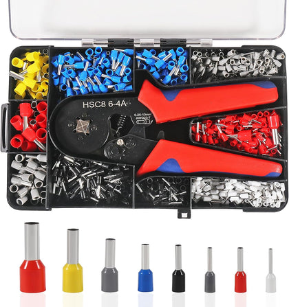 Ferrule Crimping Tool Kit with 1200pcs Wire Terminals Crimping Connectors Wire Ends Ferrules AWG 23-7 Self-adjustable Wire Plier Set Terminal Connector Sleeves Electrical Wire Connectors