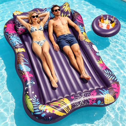 Extra Large Pool Floats Adult, 81" x 60" Inflatable Tanning Pool Lounger Float with Pillow and Cup Holders, Sun