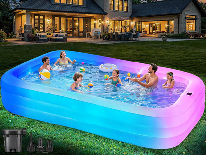 Large Inflatable Pool for Adults,130" x 72" x 22" Thickened Blow Up Pool with Lights & Pump, 7 Color Changed Durable