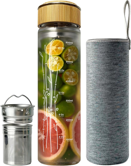23 oz Glass Water Bottle with Infuser and Bamboo Lid Stainless Steel Handle - Tea Infuser Bottle