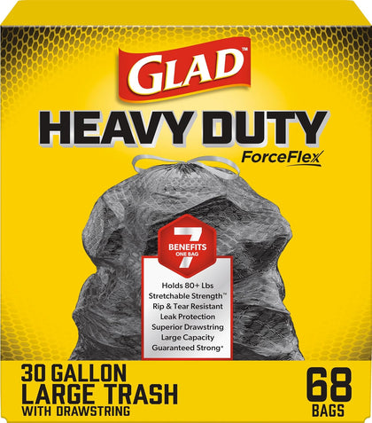 Large 30 Gallon Trash Bags, Unscented Heavy Duty Garbage Bags, Forceflex with Drawstring, 68 Count (Packaging May Vary)