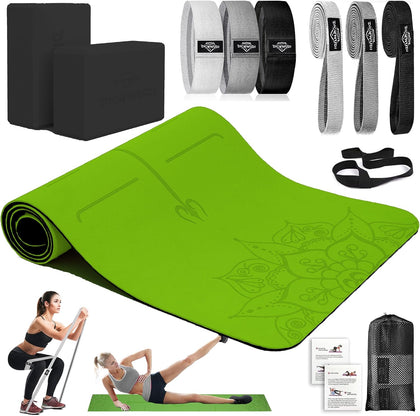 Yoga Mat Thick, 6 Fabric Resistance Bands, 2 Pack Yoga Blocks, Home Workout Equipment Essentials Starter Kit for