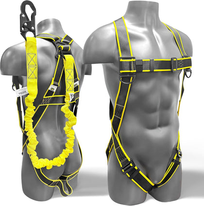 Safety Harness Fall Protection Kit - Construction Roof Full Body Harness With 6FT Shock Absorbing Lanyard & Snap
