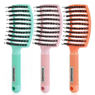 3 Pack Vented Quick Drying Massage Blow Detangler Brush,Boar Bristle Hair Brush Set-Curved,Detangling Hair Brush for