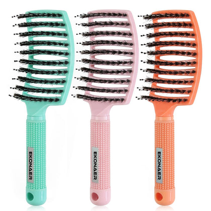3 Pack Vented Quick Drying Massage Blow Detangler Brush,Boar Bristle Hair Brush Set-Curved,Detangling Hair Brush for