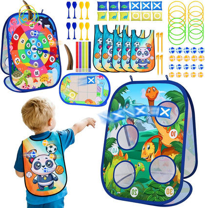 Toddler Bean Bag Toss Game for Kids 3-8, 7-in-1 Outdoor Cornhole Board Set with Ring Toss, Sticky Balls Darts
