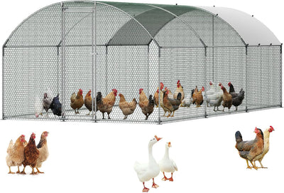 Large Metal Chicken Coop with Run, 19.6 x 9.8 x 6.5 ft Walkin Chicken Coop for Yard with Waterproof Cover, Dome Roof