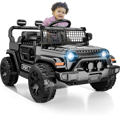 12V Ride on Car with Parent Remote Control, Toddler Electric Car with Spring Suspension, LED Lights & Music Player
