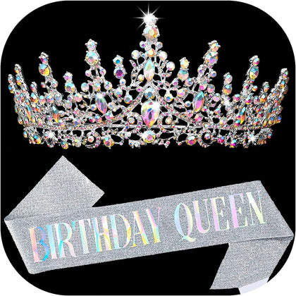Birthday Queen Sash for Women, Tiara and Rhinestone Headband Set, Glitter Crown Hair Accessories for Girls Party