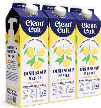 Dish Soap Liquid Refills - Plant Based Cleaning Power - Cuts Grease & Grime - Free of Harsh Chemicals - Uses 90% Less