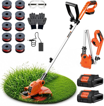 Weed Wacker Electric String Trimmer Battery Powered Lawn Trimmer | 21V Cordless Weed Whacker, 2x 2.0Ah Battery