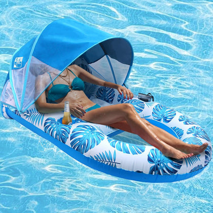 Pool Lounge Float with Canopy UPF50+,Extra Large Pool Floats for Adults Heavy Duty,Inflatable Lounger Float with Cup