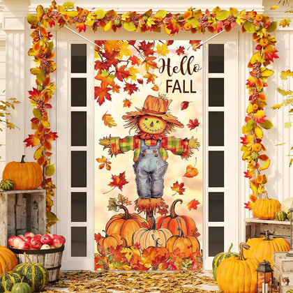 Fall Door Banner Cover Scarecrow Pumpkin Leaves Hanging Banner Autumn Harvest Fabric Photo Background for