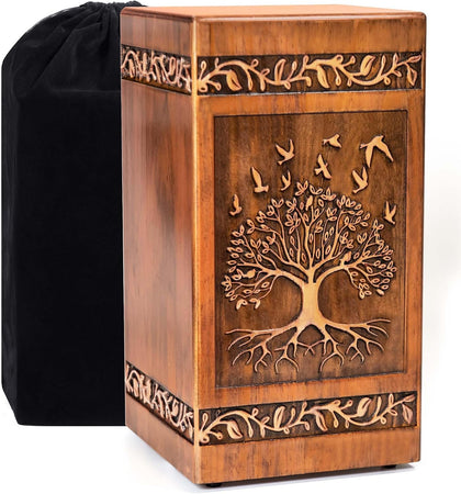 Wooden Cremation Urn for Human Ashes Adult Male Female 250 lbs, Engraved Tree of Life Decorative Funeral Urns Box and