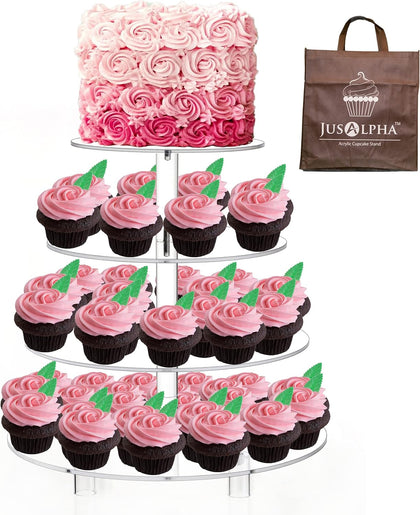 14'' Width XL Large Cupcake Stand 4 Tiered Acrylic Glass Round Cake Stand
