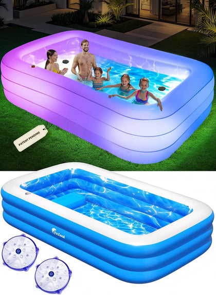 Inflatable Pool with Pool Lights and Seat, Durable Thickened Large Size Family Inflatable Pools for Adults Blow Up